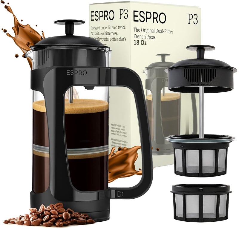 Espro صانعة القهوة الفرنسية ESPRO P3 - فلتر مزدوج مبتكر لصنع قهوة خالية من الرواسب، زجاج بوروسيليكات سميك مقاوم للحرارة - (18 أونصة) - Image 1